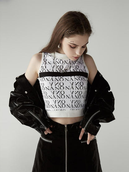ANYQUESTION Black White Contrast Allover Letter Print Women&