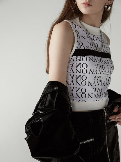 ANYQUESTION Black White Contrast Allover Letter Print Women&