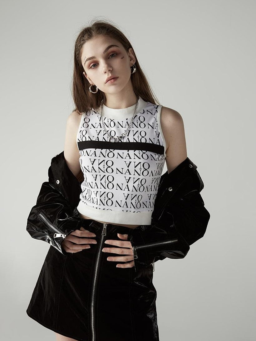 ANYQUESTION Black White Contrast Allover Letter Print Women&