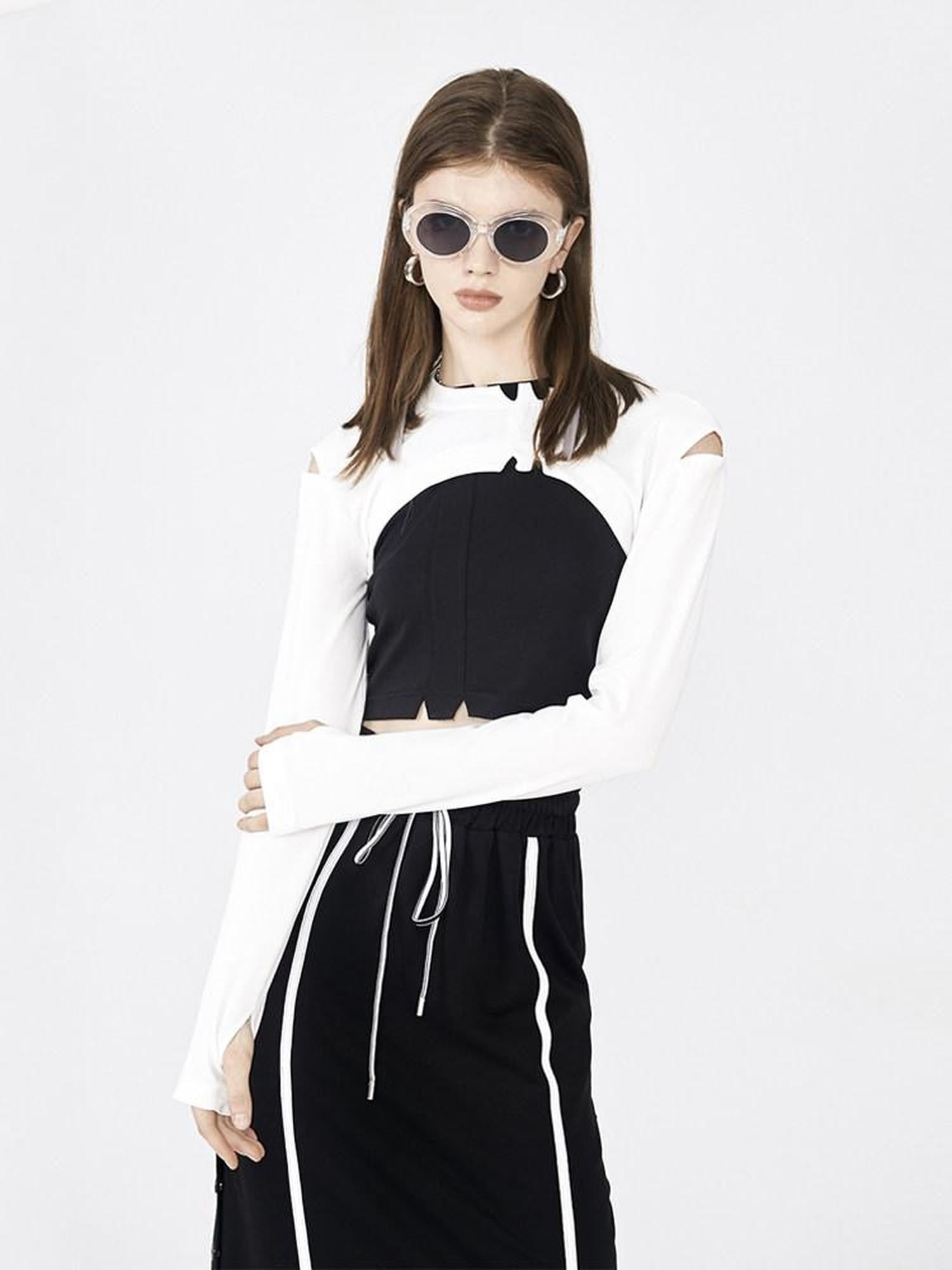 ANYQUESTION Black White Cropped Angled Hem Street Round Neck Women&