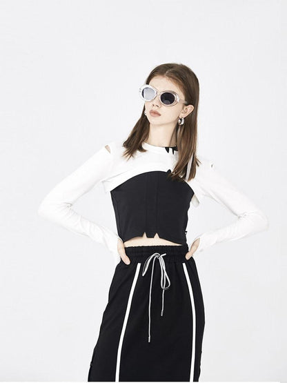 ANYQUESTION Black White Cropped Angled Hem Street Round Neck Women&