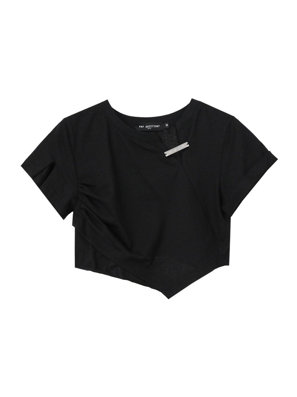 ANYQUESTION_Black_White_Cut_Edge_Silver_Tag_Pleated_Ruched_Waist_Women&