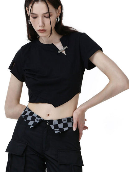 ANYQUESTION Black White Cut Edge Silver Tag Pleated Ruched Waist Women&