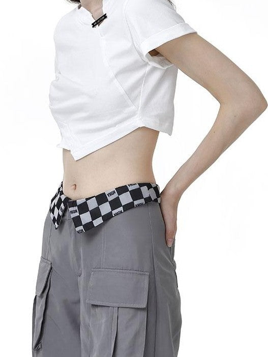 ANYQUESTION Black White Cut Edge Silver Tag Pleated Ruched Waist Women&