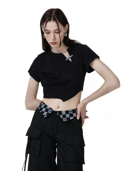 ANYQUESTION Black White Cut Edge Silver Tag Pleated Ruched Waist Women&