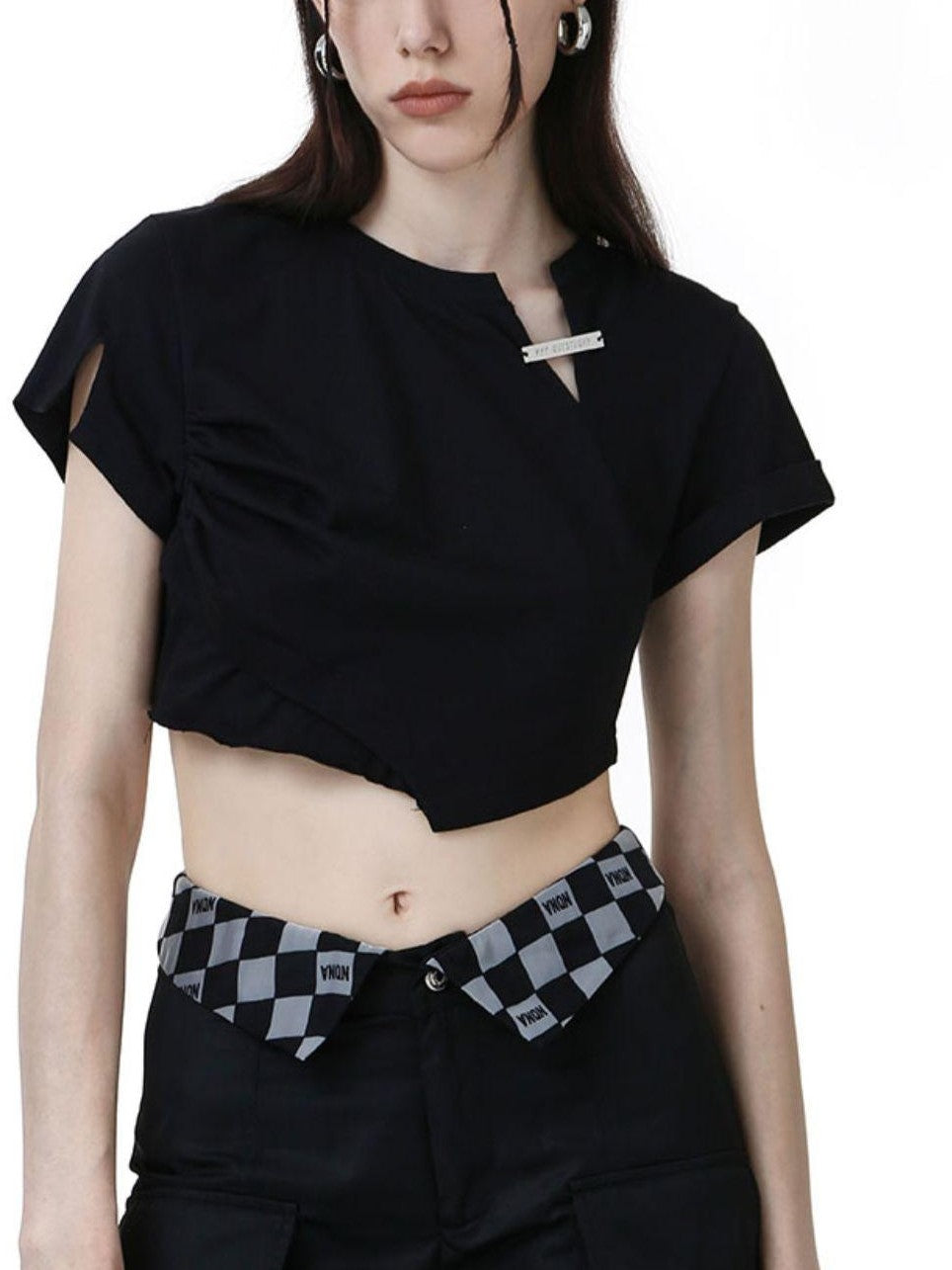 ANYQUESTION Black White Cut Edge Silver Tag Pleated Ruched Waist Women&