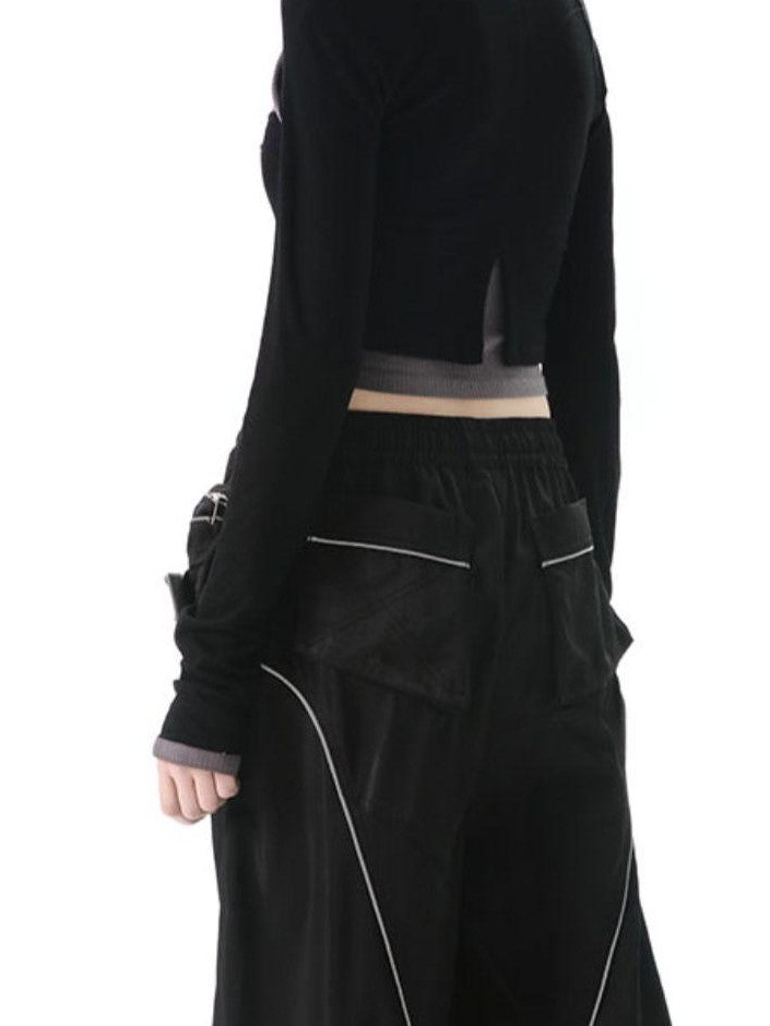 ANYQUESTION Black White Cutout Zipper Halter Knit Faux Layered Women&