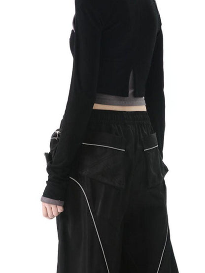 ANYQUESTION Black White Cutout Zipper Halter Knit Faux Layered Women&