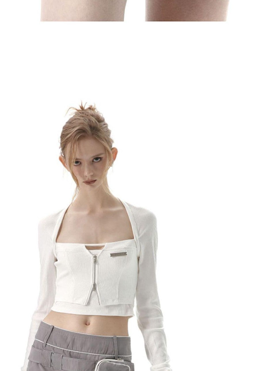 ANYQUESTION Black White Cutout Zipper Halter Knit Faux Layered Women&