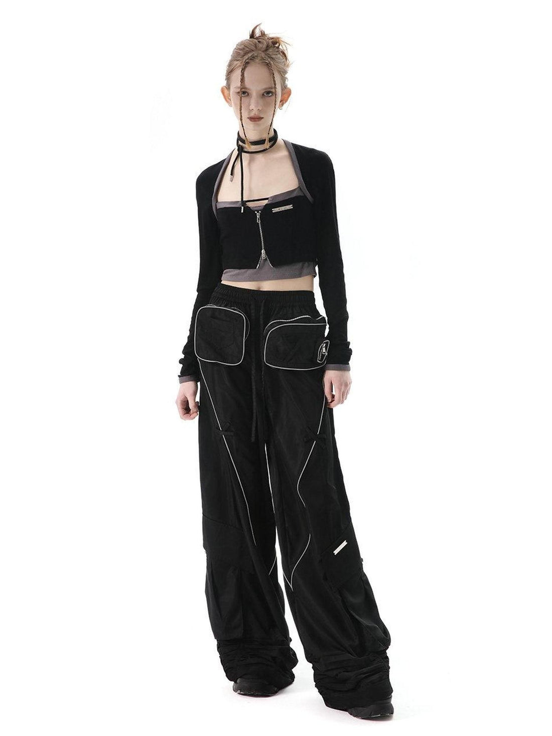 ANYQUESTION Black White Cutout Zipper Halter Knit Faux Layered Women&