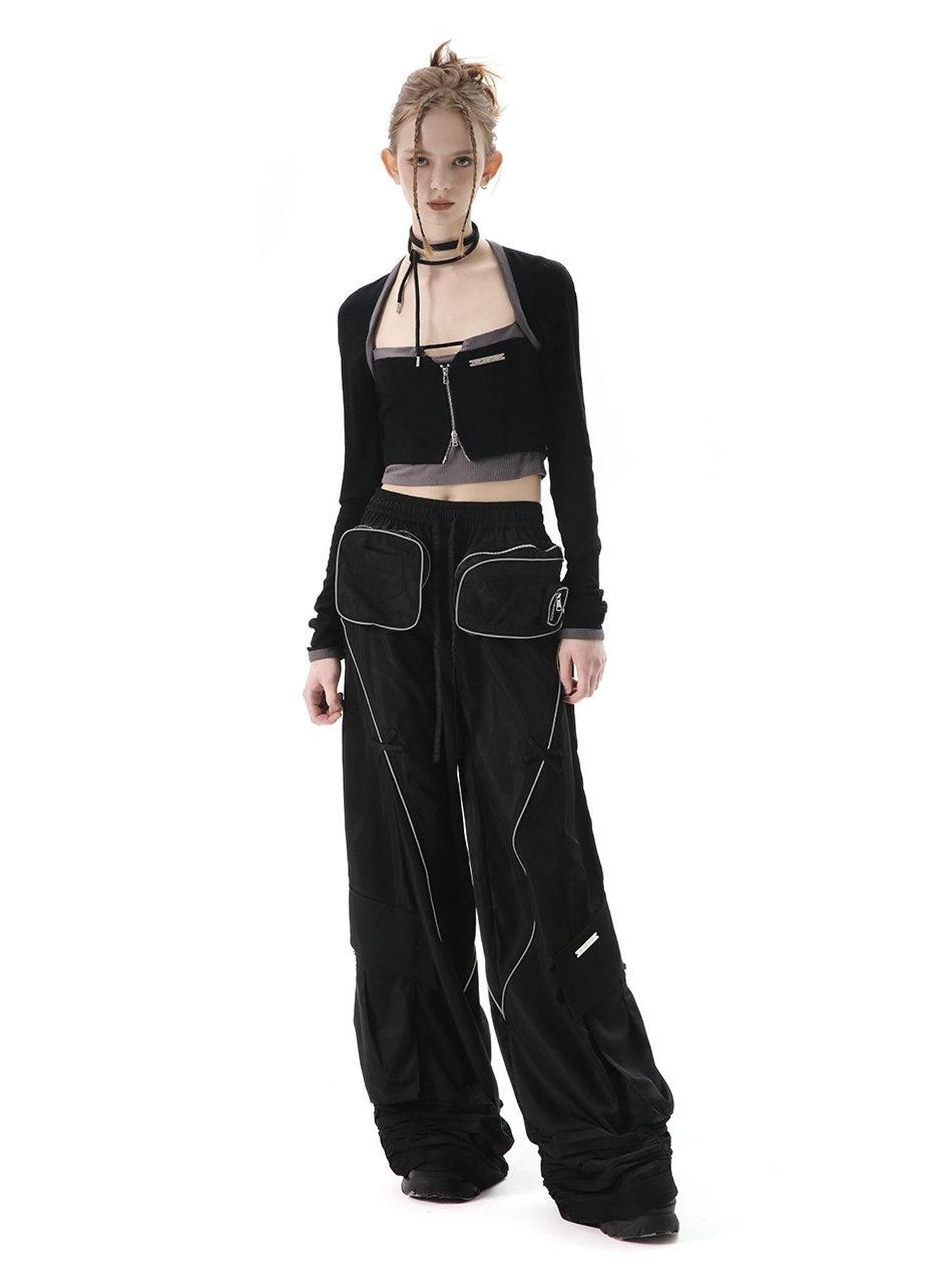 ANYQUESTION Black White Cutout Zipper Halter Knit Faux Layered Women&
