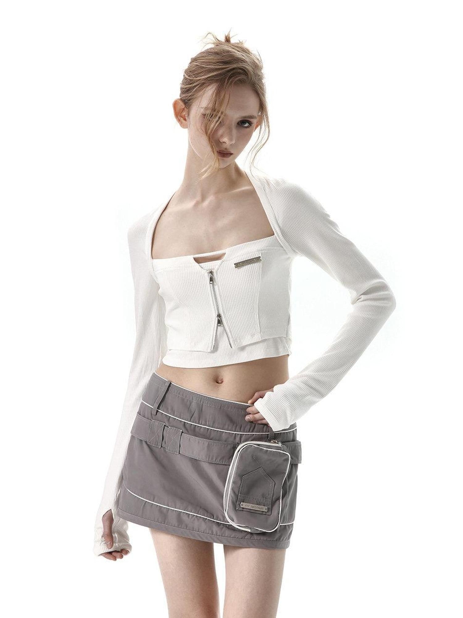 ANYQUESTION Black White Cutout Zipper Halter Knit Faux Layered Women&