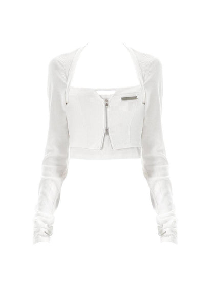 ANYQUESTION Black White Cutout Zipper Halter Knit Faux Layered Women&