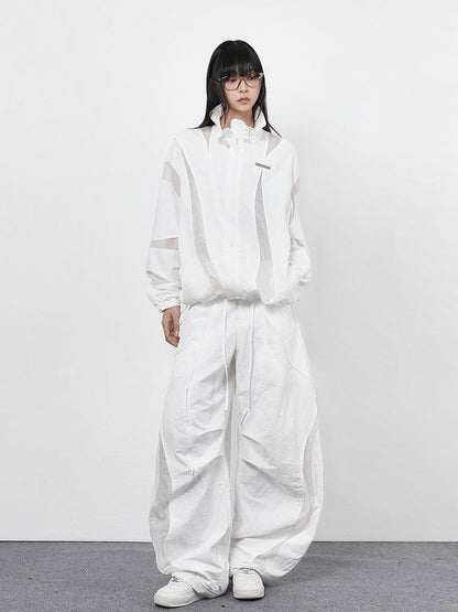 ANYQUESTION Black White Deconstructed Mesh Cargo Women&