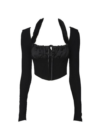 ANYQUESTION_Black_White_Detachable_Fur_Tie_Knit_Halter_Women&