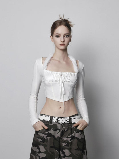 ANYQUESTION Black White Detachable Fur Tie Knit Halter Women&