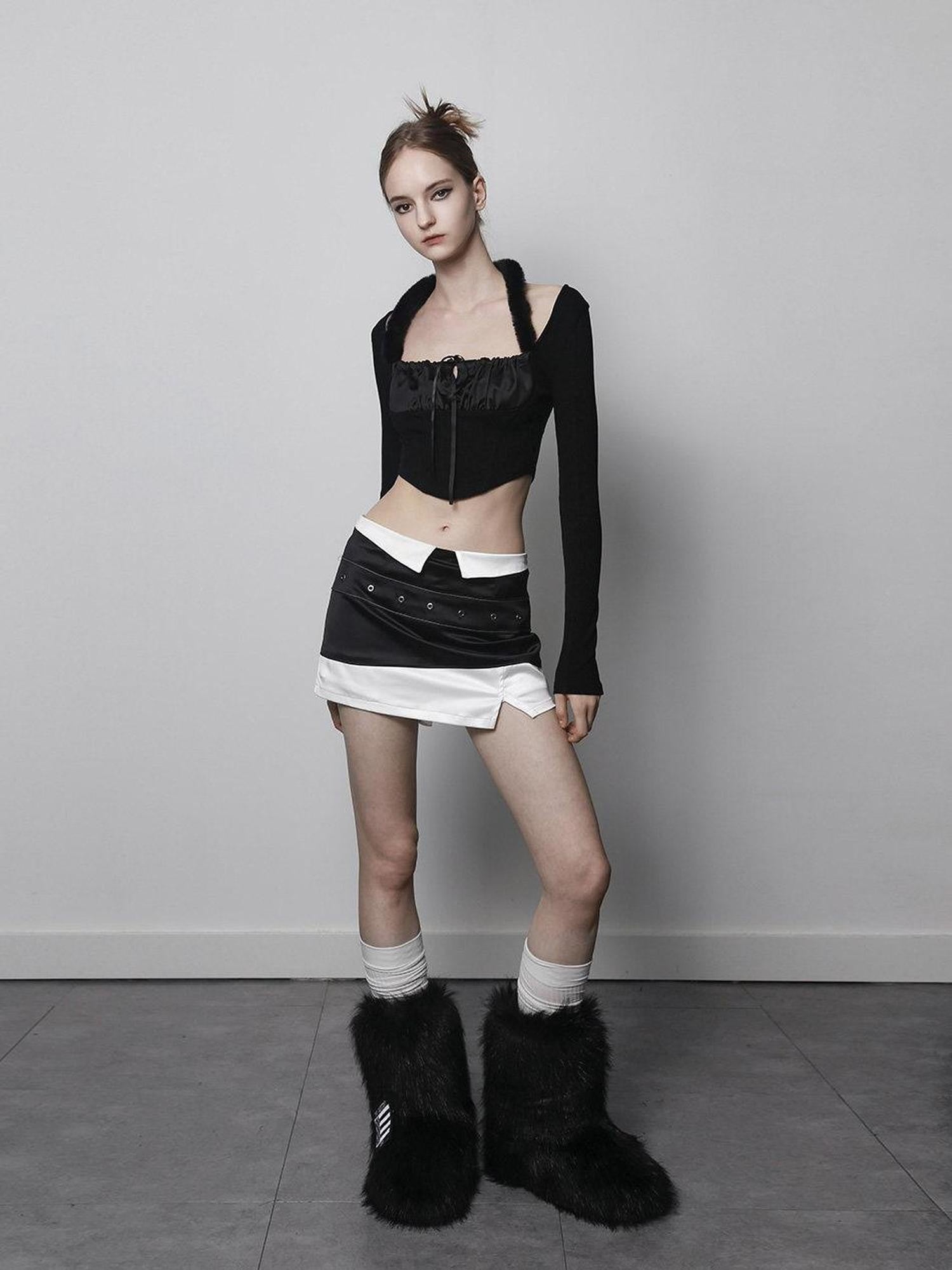 ANYQUESTION Black White Detachable Fur Tie Knit Halter Women&