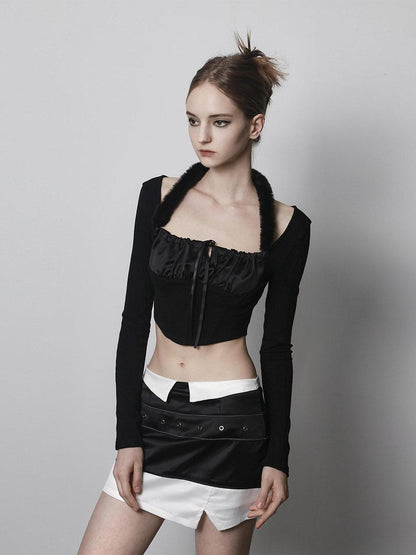 ANYQUESTION Black White Detachable Fur Tie Knit Halter Women&