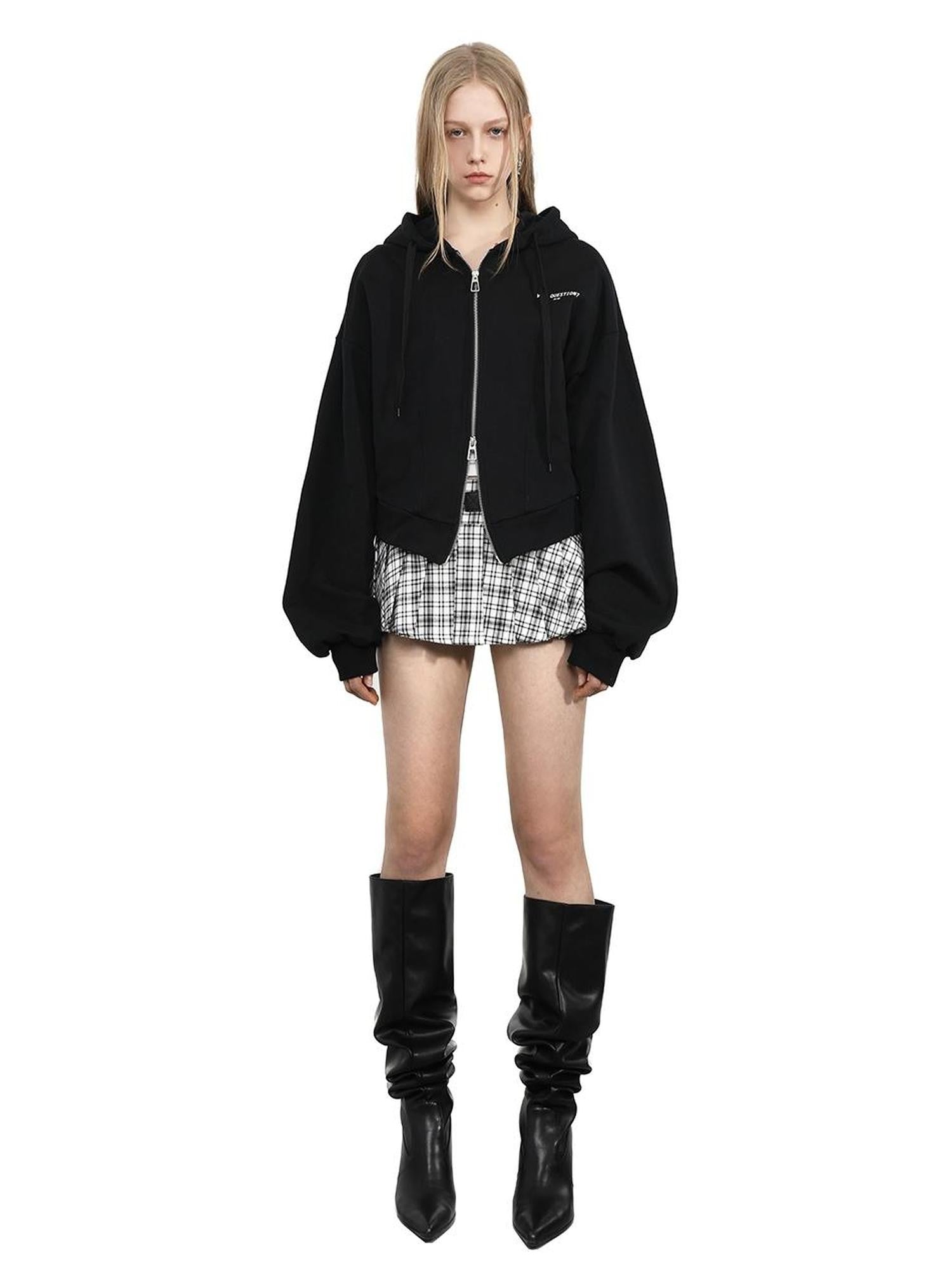 ANYQUESTION Black White Gray Solid Hooded Zip Loose Fit Street Women&