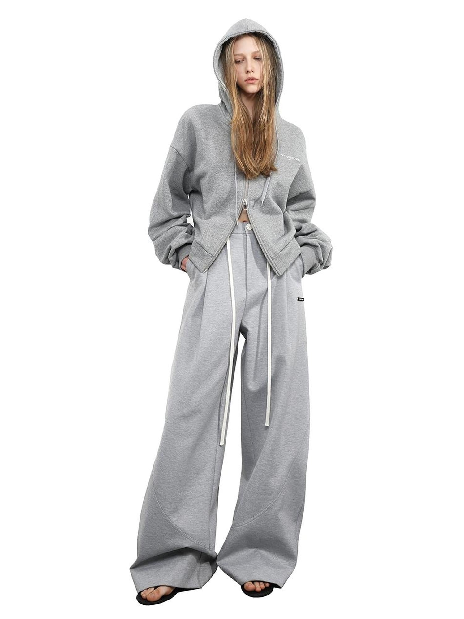 ANYQUESTION Black White Gray Solid Hooded Zip Loose Fit Street Women&