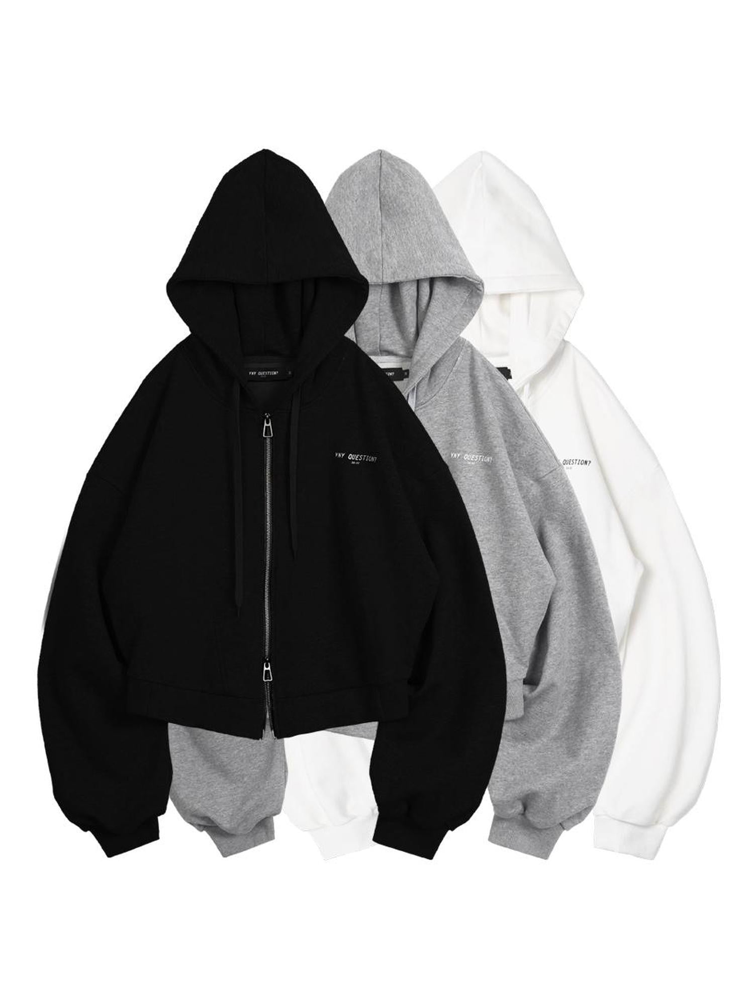 ANYQUESTION Black White Gray Solid Hooded Zip Loose Fit Street Women&