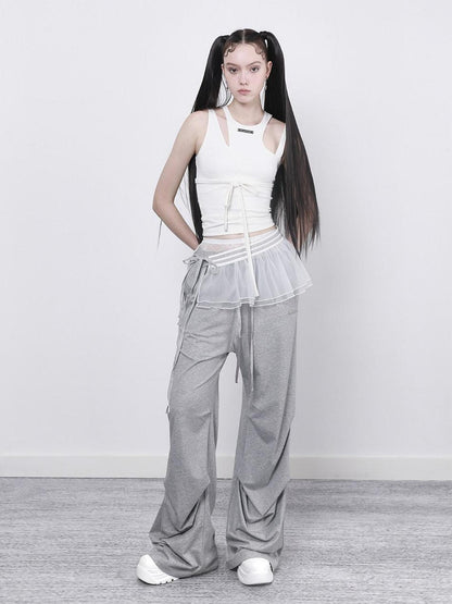 ANYQUESTION Black White Gray Tape Tie Mesh Overlay Women&