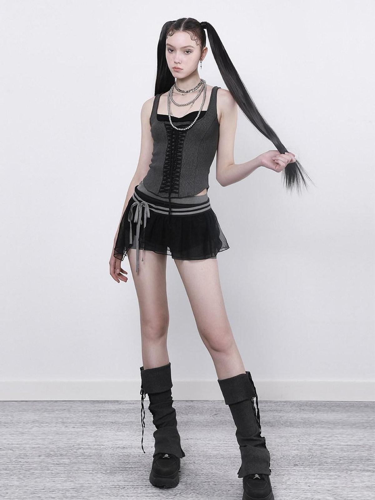 ANYQUESTION Black White Gray Tape Tie Mesh Overlay Women&