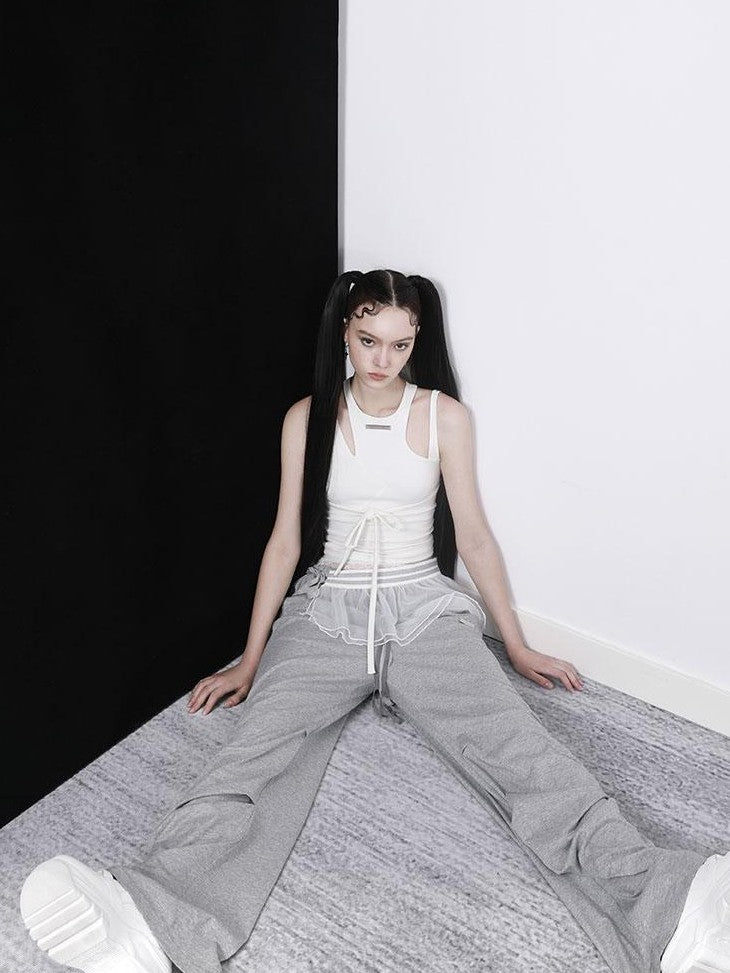 ANYQUESTION Black White Gray Tape Tie Mesh Overlay Women&