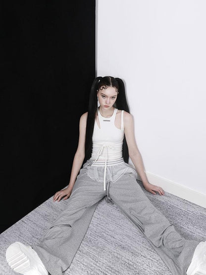 ANYQUESTION Black White Gray Tape Tie Mesh Overlay Women&