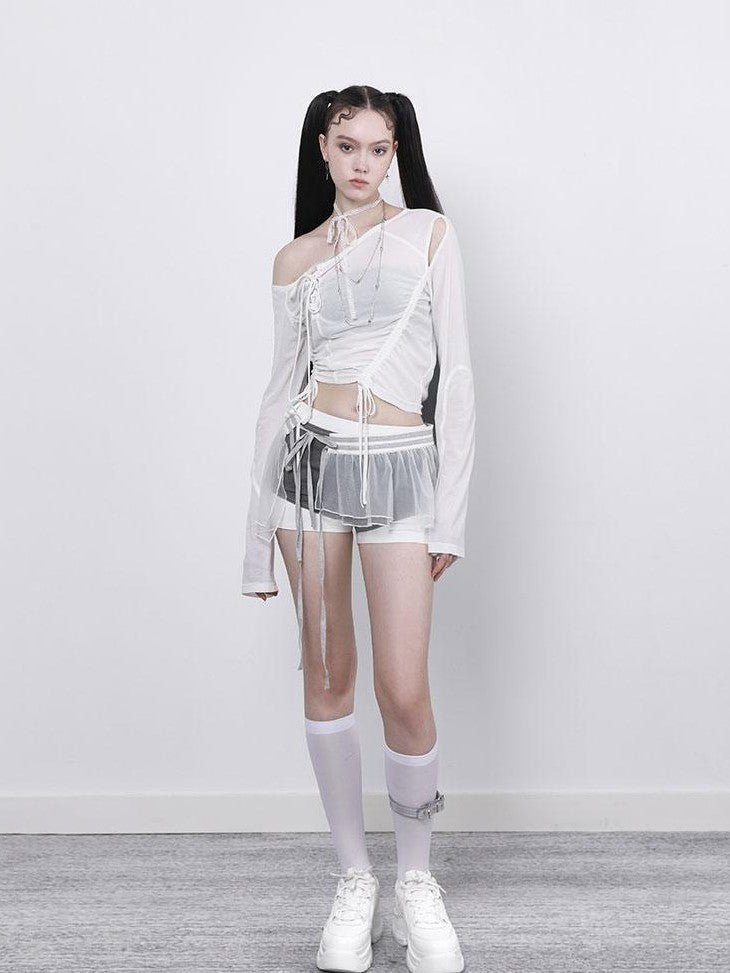 ANYQUESTION Black White Gray Tape Tie Mesh Overlay Women&