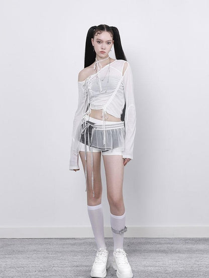 ANYQUESTION Black White Gray Tape Tie Mesh Overlay Women&