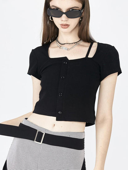 ANYQUESTION Black White Irregular Deconstruct Square Neck Women&