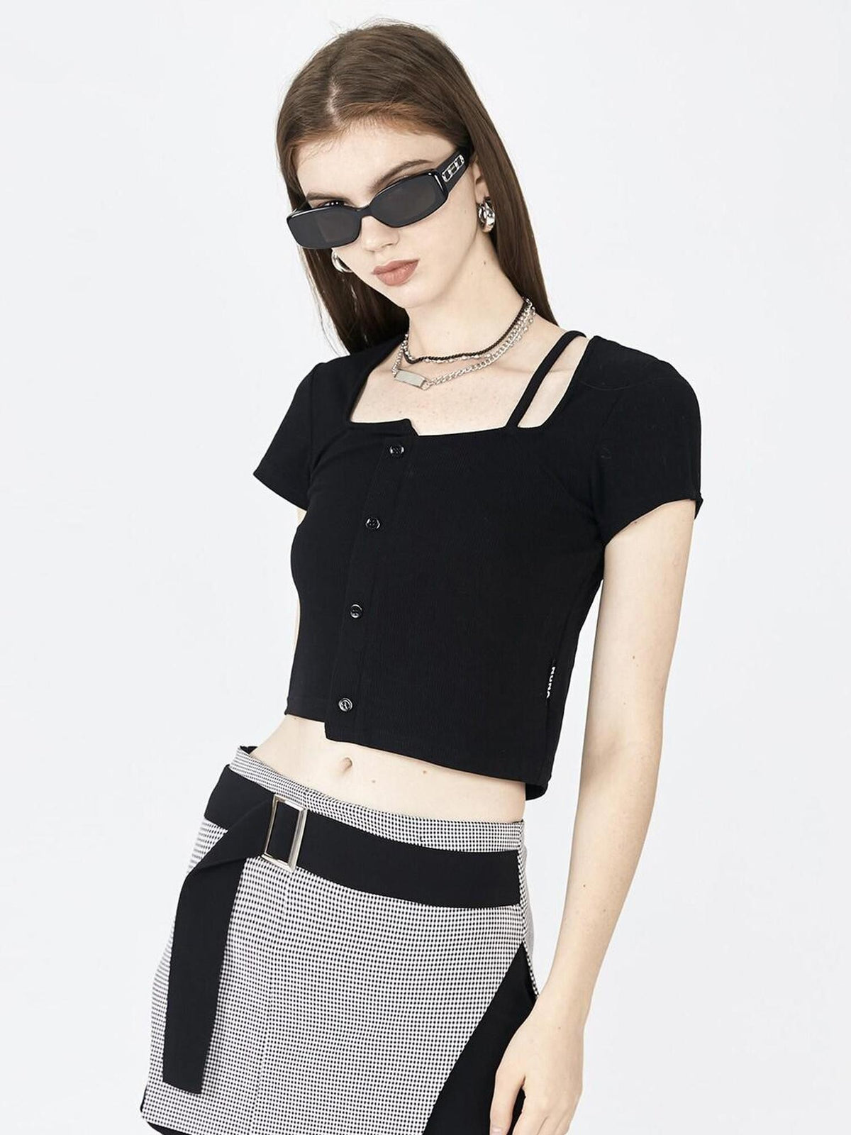 ANYQUESTION Black White Irregular Deconstruct Square Neck Women&
