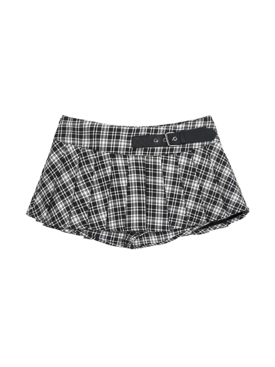 ANYQUESTION_Black_White_Leather_Buckle_Low_Waist_Plaid_Pleated_Women&