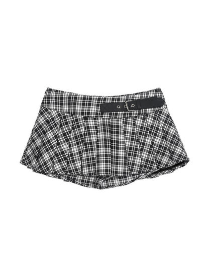 ANYQUESTION_Black_White_Leather_Buckle_Low_Waist_Plaid_Pleated_Women&
