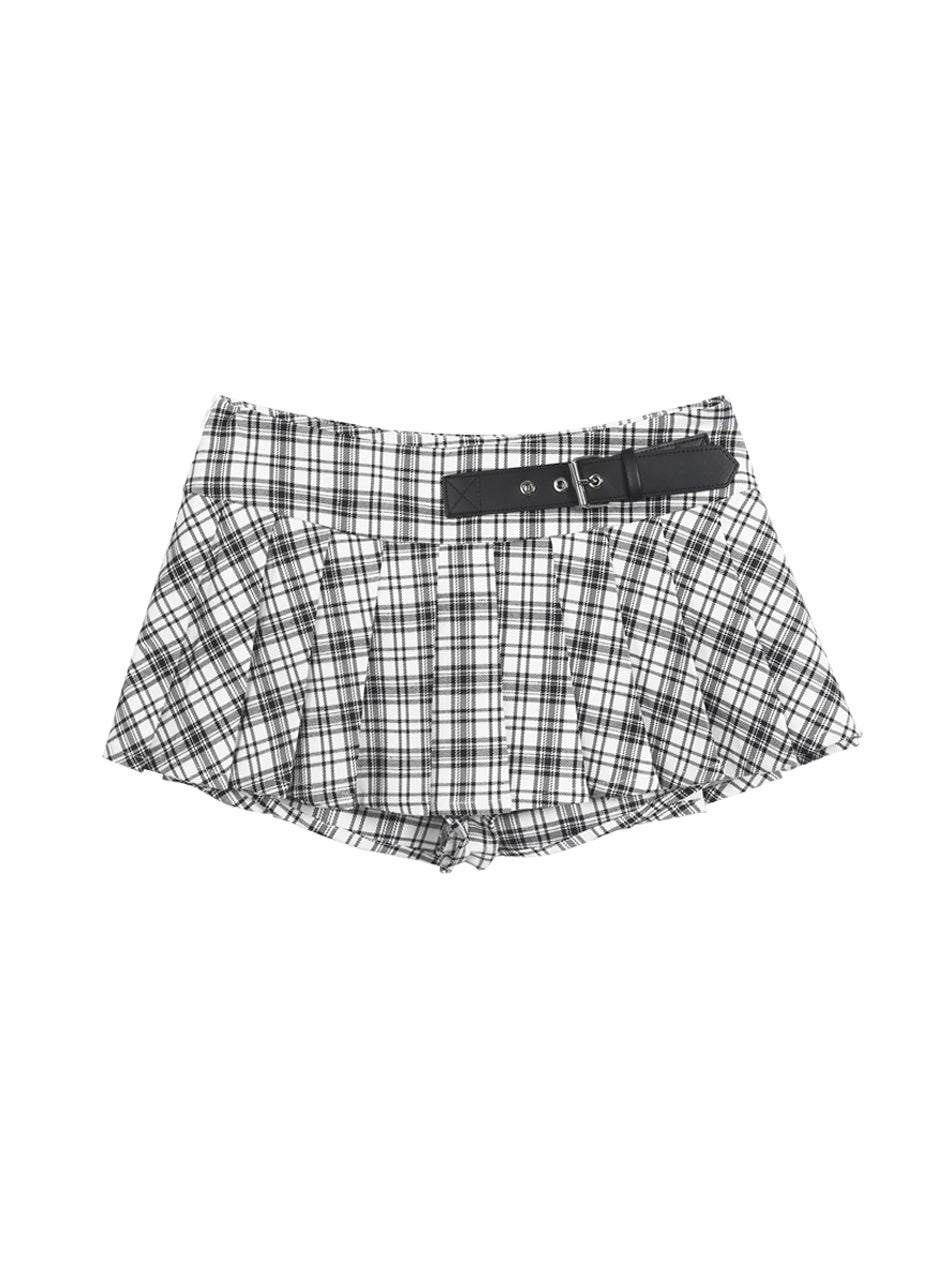 ANYQUESTION_Black_White_Leather_Buckle_Low_Waist_Plaid_Pleated_Women&