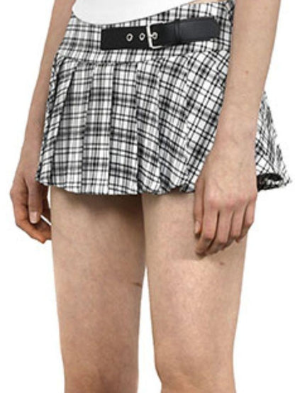 ANYQUESTION Black White Leather Buckle Low Waist Plaid Pleated Women&
