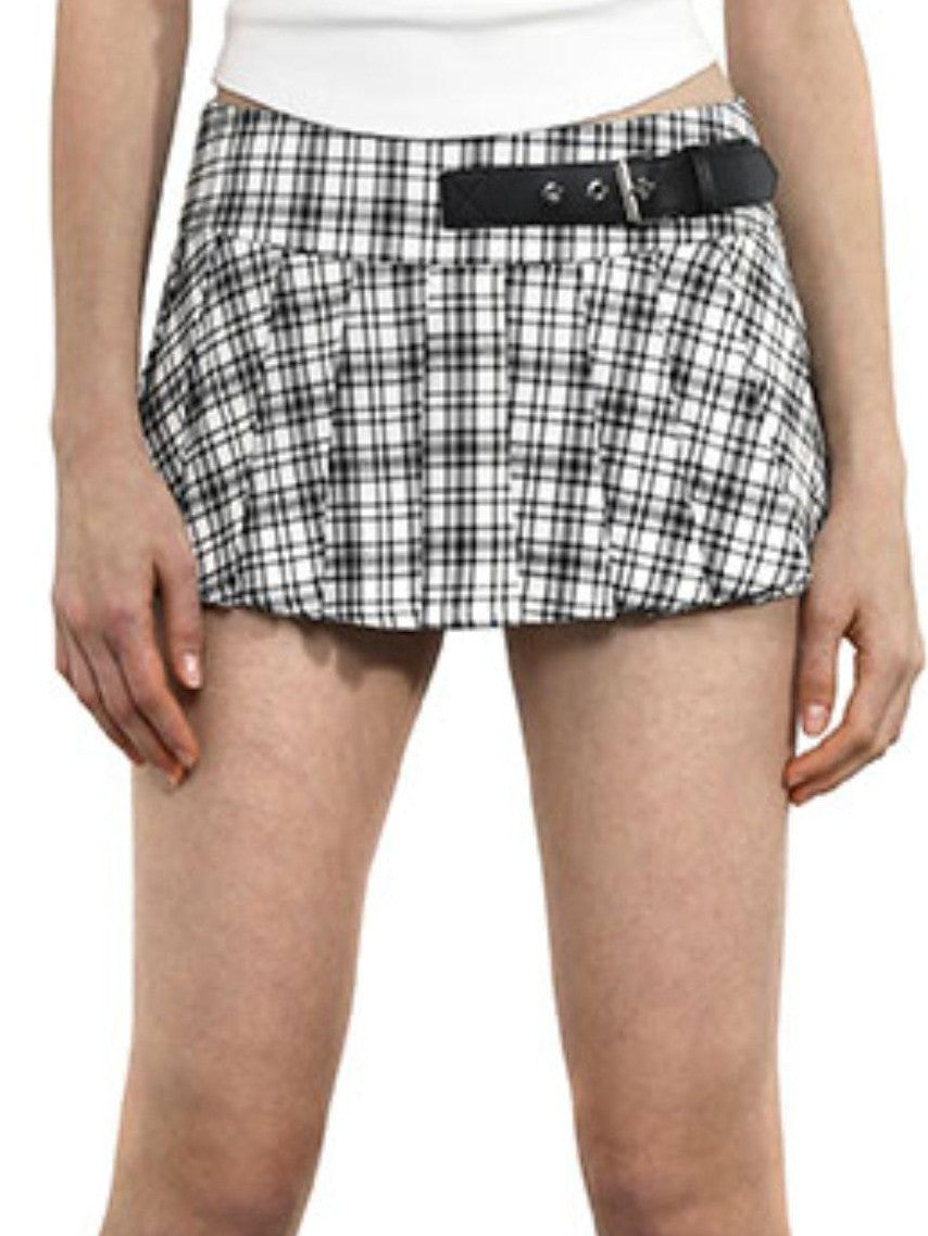 ANYQUESTION Black White Leather Buckle Low Waist Plaid Pleated Women&