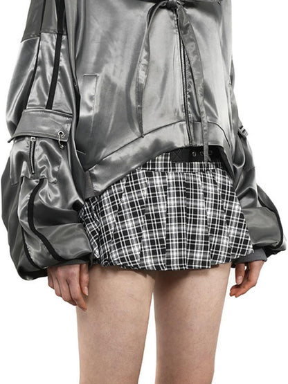 ANYQUESTION Black White Leather Buckle Low Waist Plaid Pleated Women&