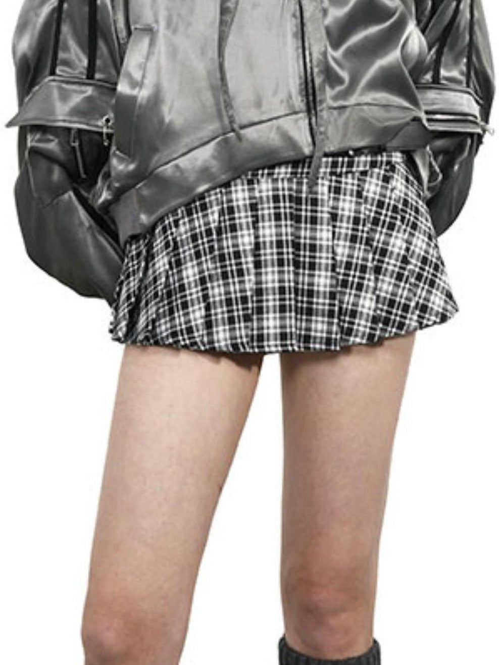 ANYQUESTION Black White Leather Buckle Low Waist Plaid Pleated Women&