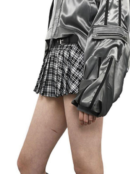 ANYQUESTION Black White Leather Buckle Low Waist Plaid Pleated Women&
