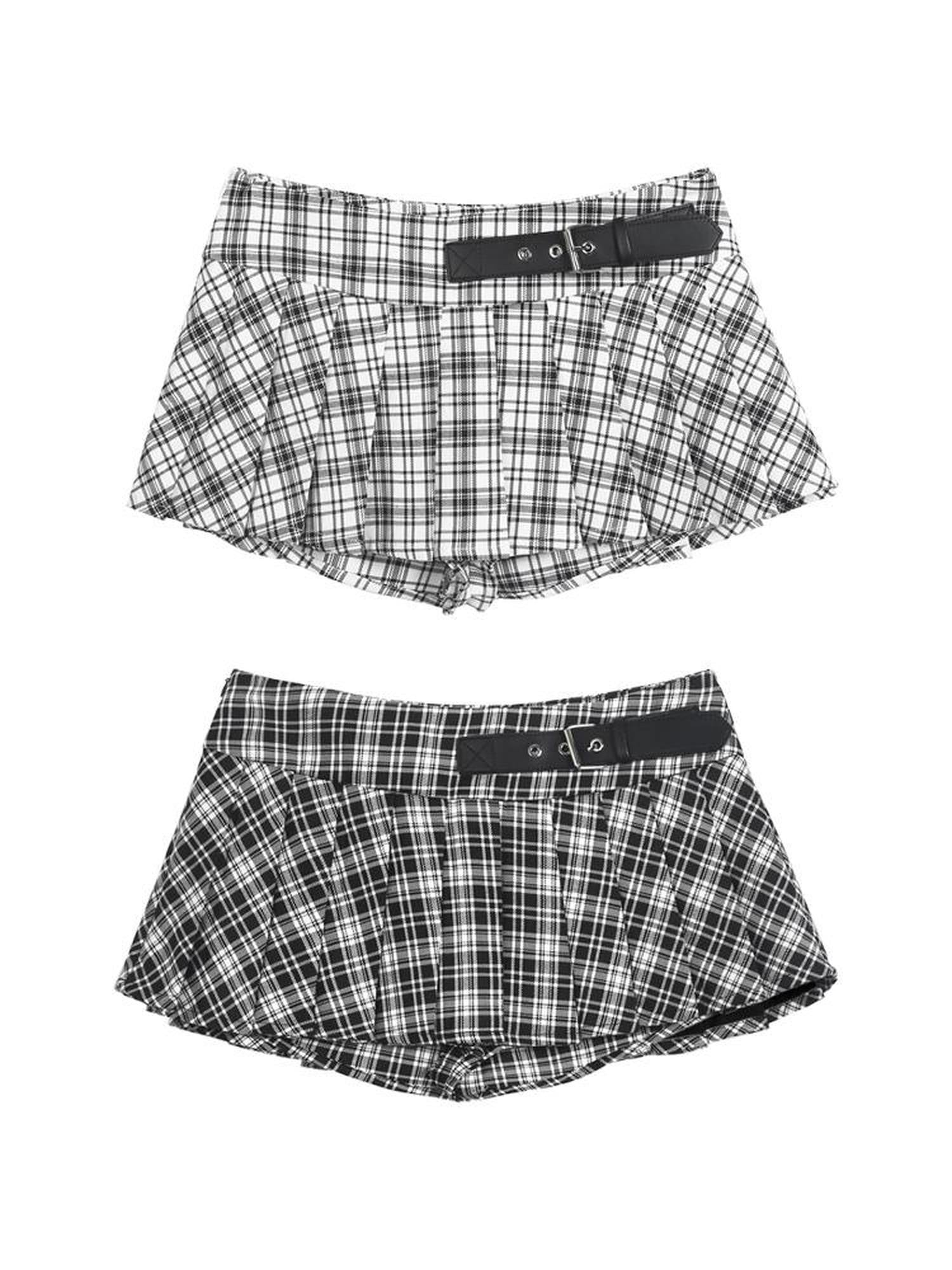 ANYQUESTION Black White Leather Buckle Low Waist Plaid Pleated Women&