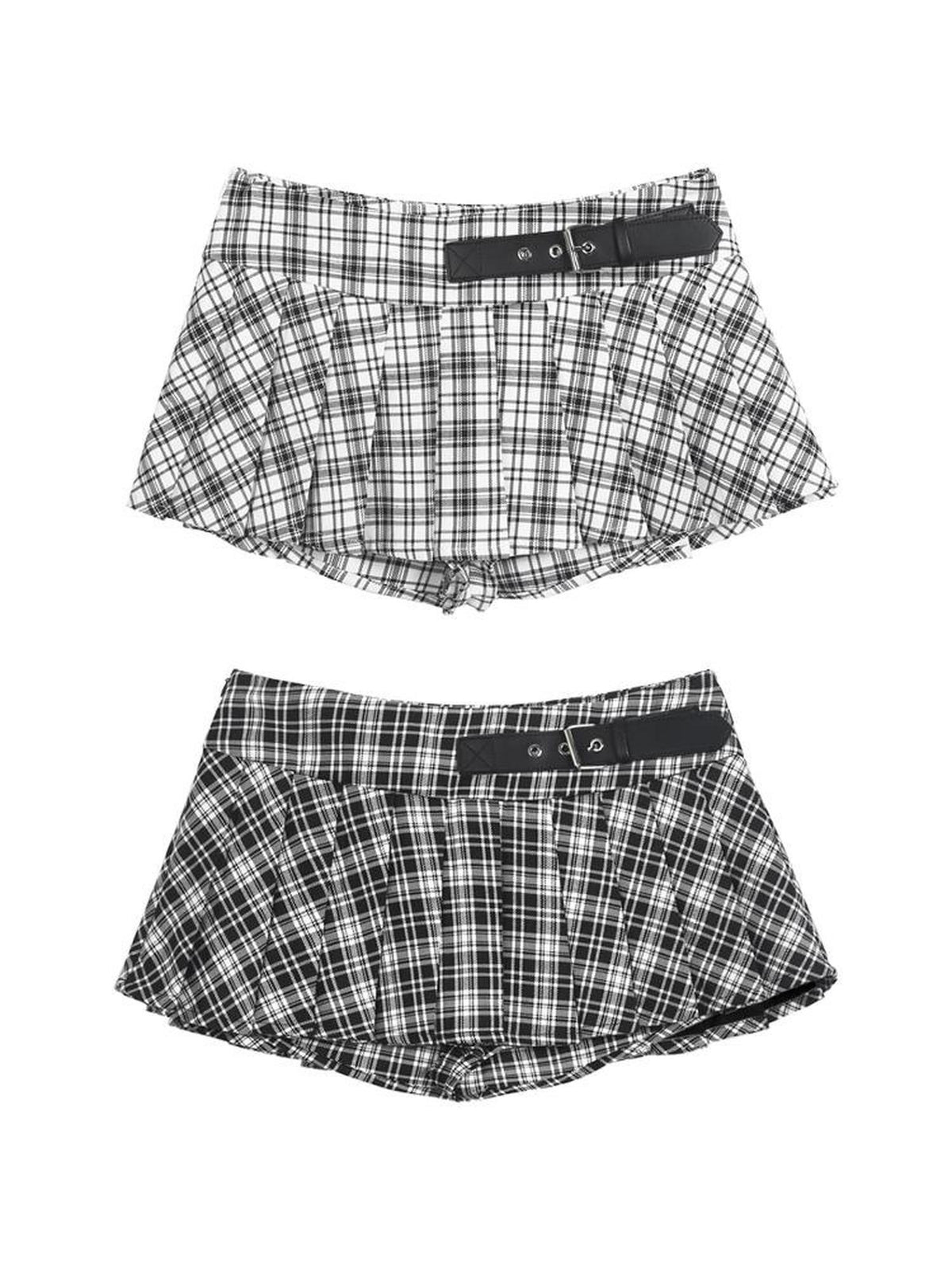 ANYQUESTION Black White Leather Buckle Low Waist Plaid Pleated Women&