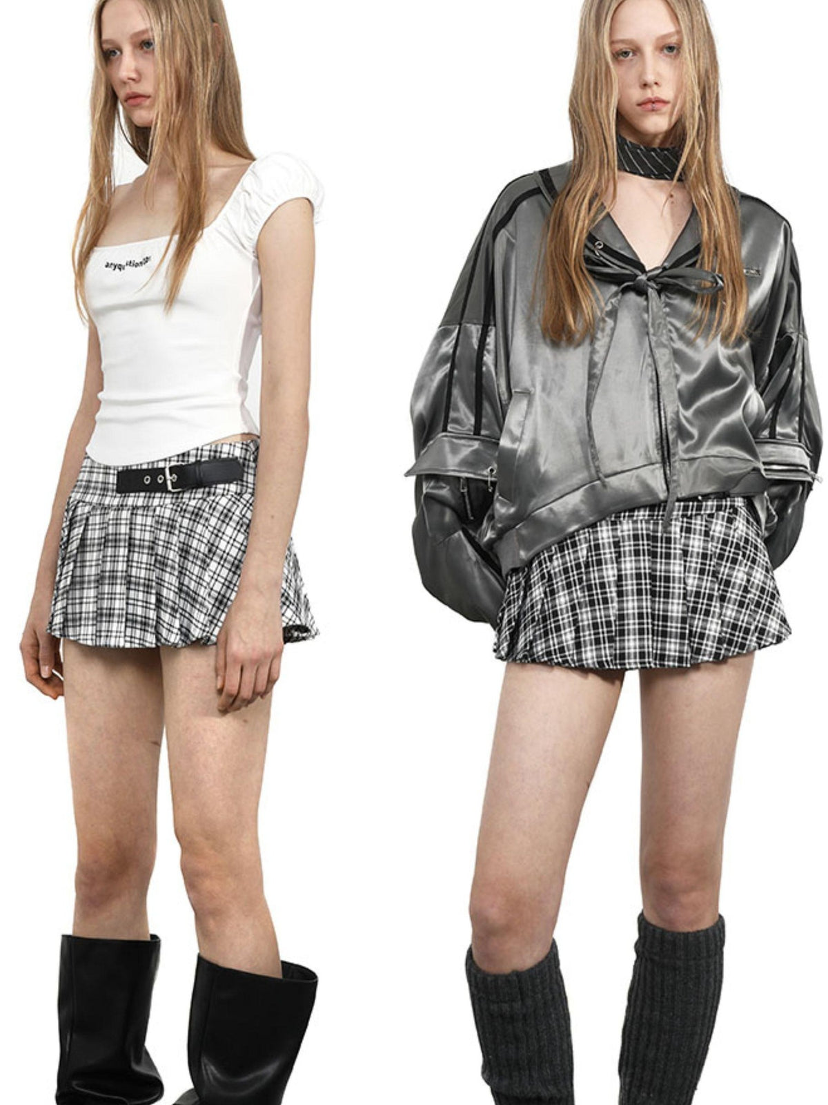 ANYQUESTION Black White Leather Buckle Low Waist Plaid Pleated Women&