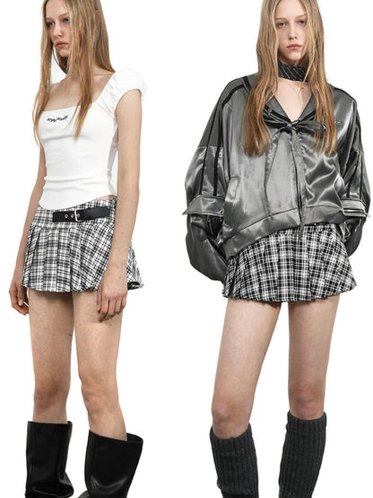 ANYQUESTION Black White Leather Buckle Low Waist Plaid Pleated Women&
