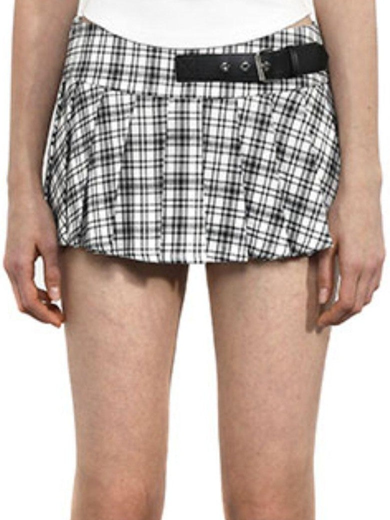 ANYQUESTION Black White Leather Buckle Low Waist Plaid Pleated Women&