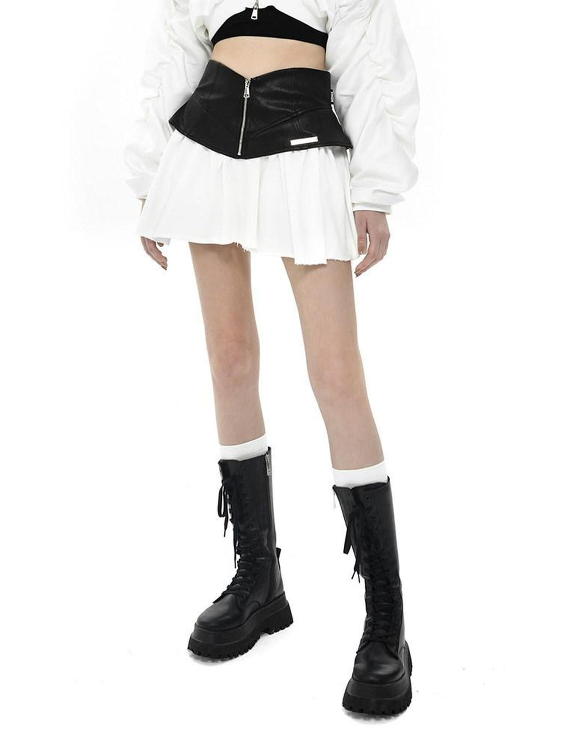 ANYQUESTION Black White Leather Panel V Structured A Line Women&