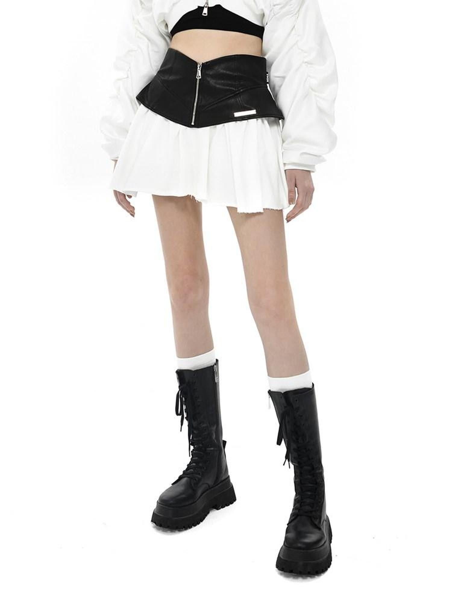 ANYQUESTION Black White Leather Panel V Structured A Line Women&