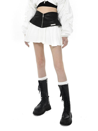 ANYQUESTION Black White Leather Panel V Structured A Line Women&