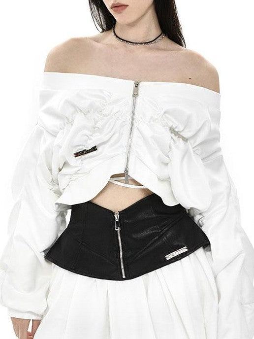 ANYQUESTION Black White Leather Panel V Structured A Line Women&